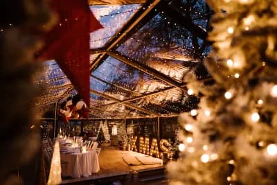 Verlichte kas met kerstbomen, sterren en XMAS-letters