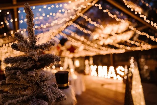 Kas met kerstboom, lichtjes en XMAS-letters
